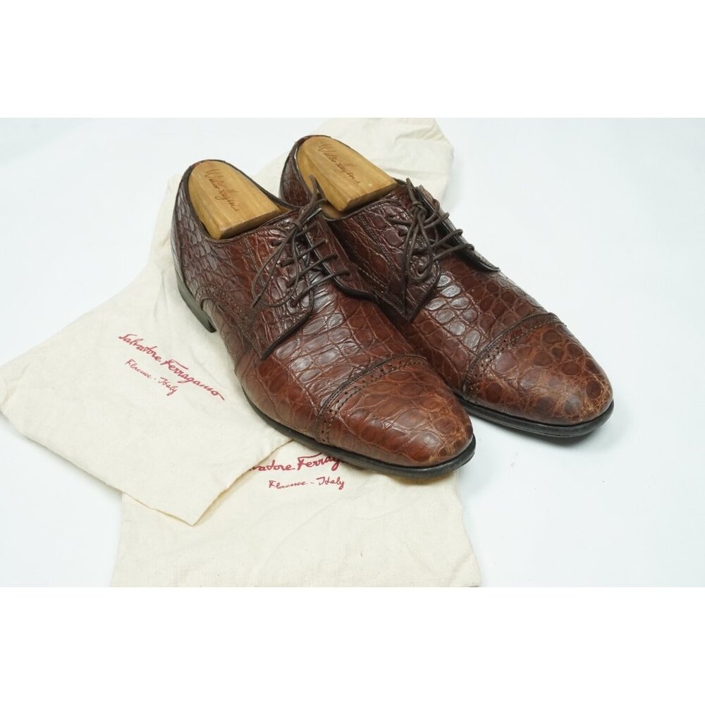Salvatore Ferragamo Brown Alligator Crocodile Cap Toe Dress Shoes W Bags Sz 8.5E